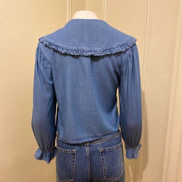ZARA DENIM CHAMBRAY COLLARED BLOUSE TOP - Picture 6 of 10